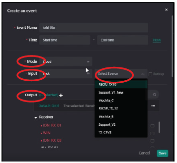 Create an event - Input and Output selections