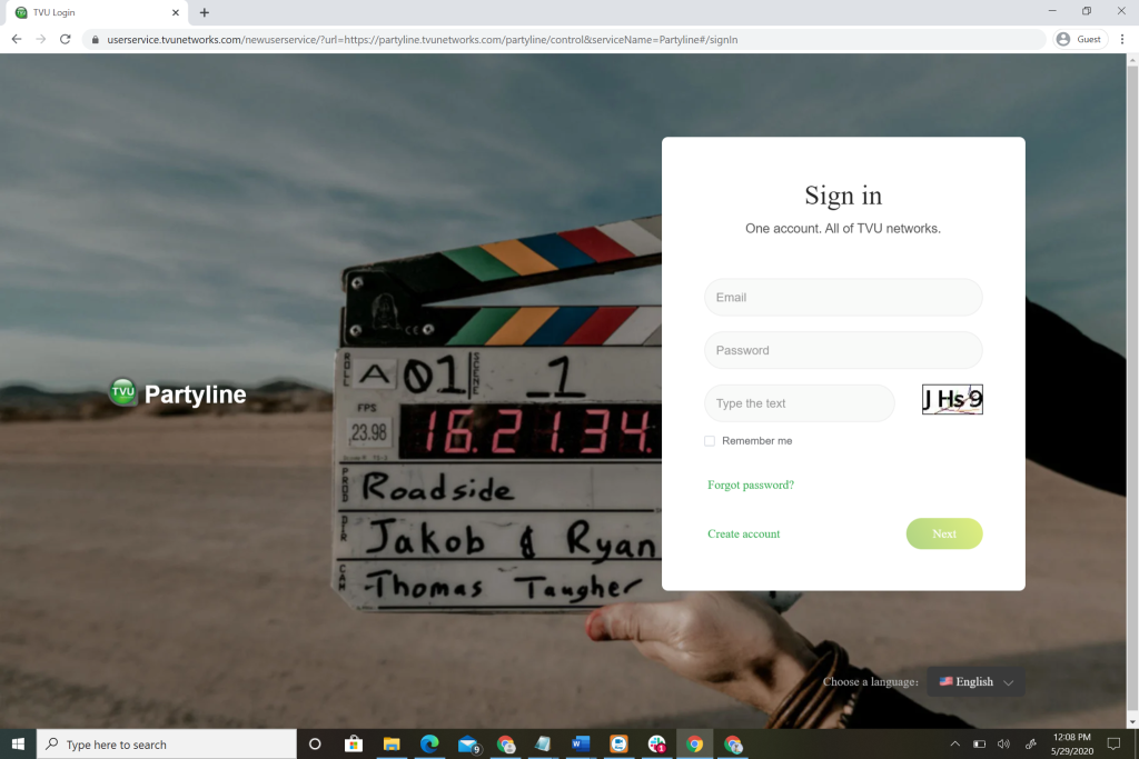 Partyline Sign in page
