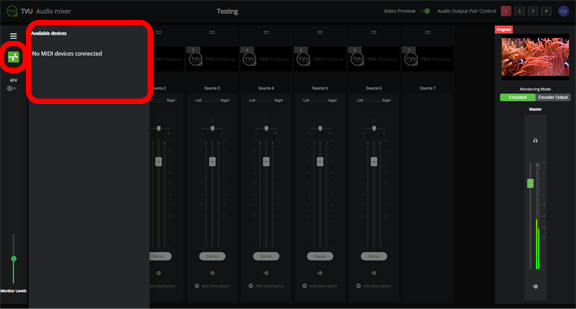 Advanced Audio Mixer MIDI device menu