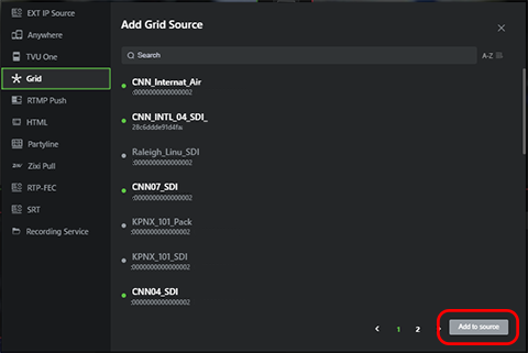 Source selection window - Grid