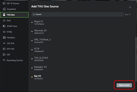 Source selection - TVU One