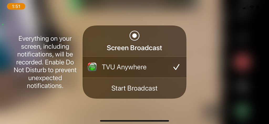 TVU Anywhere Screen Broadcast Start screen