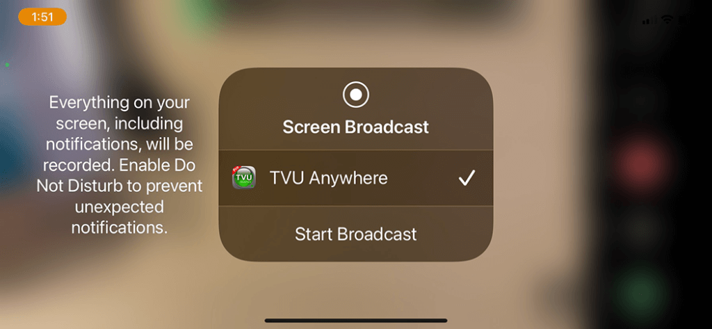 TVU Anywhere Screen Broadcast Start screen