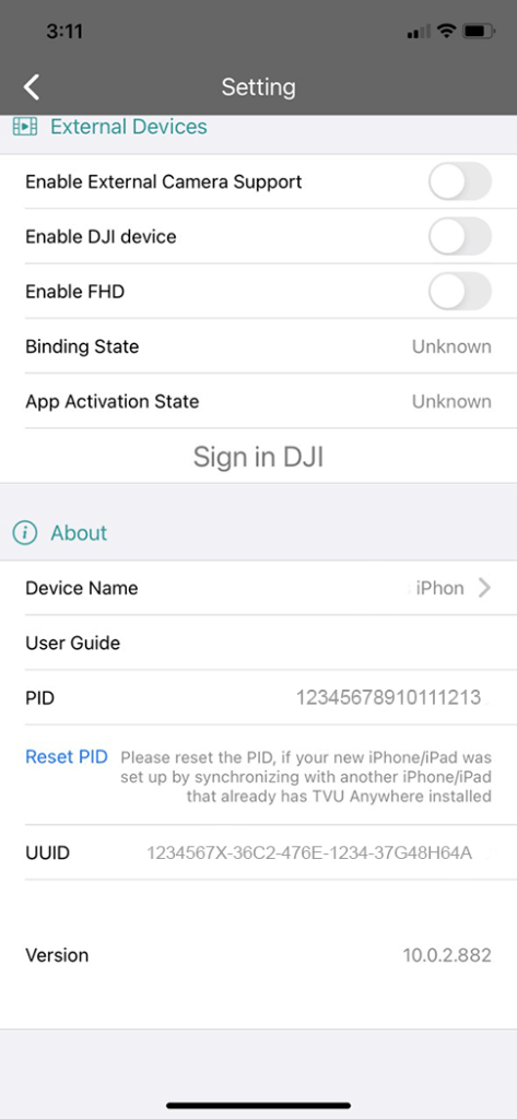 Advanced setting screen - External Devices and About panels