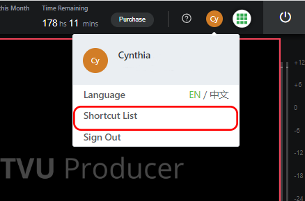 User Management menu - Shortcut list