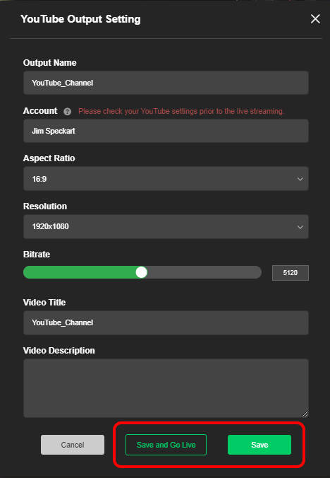 YouTube Output Setting window