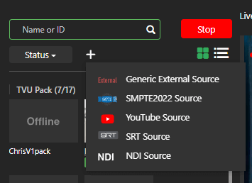 External source drop-down menu