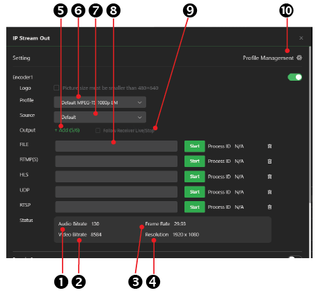 IP Stream Out dialog v7.8