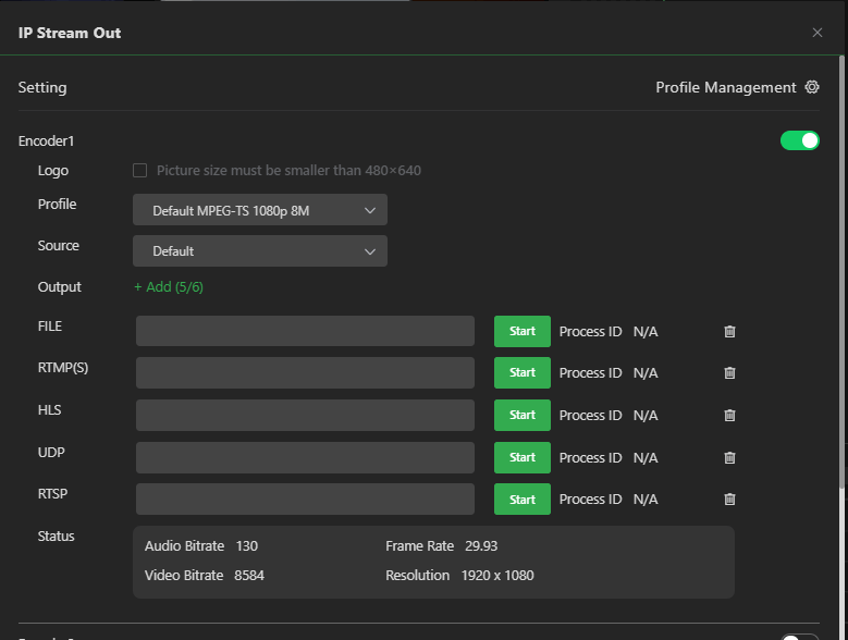 IP Streaming Output video stream format and IP output URL