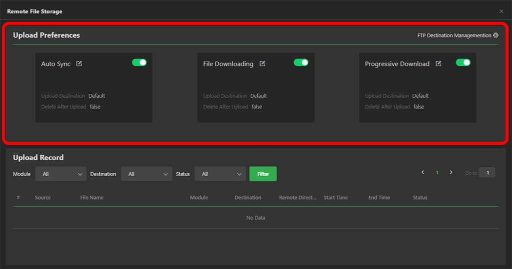 Remote file storage window Upload Preferences panel