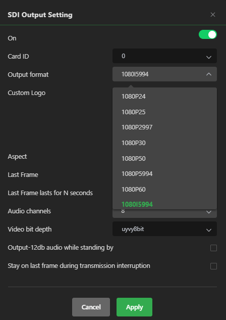 SDI output setting  format menu