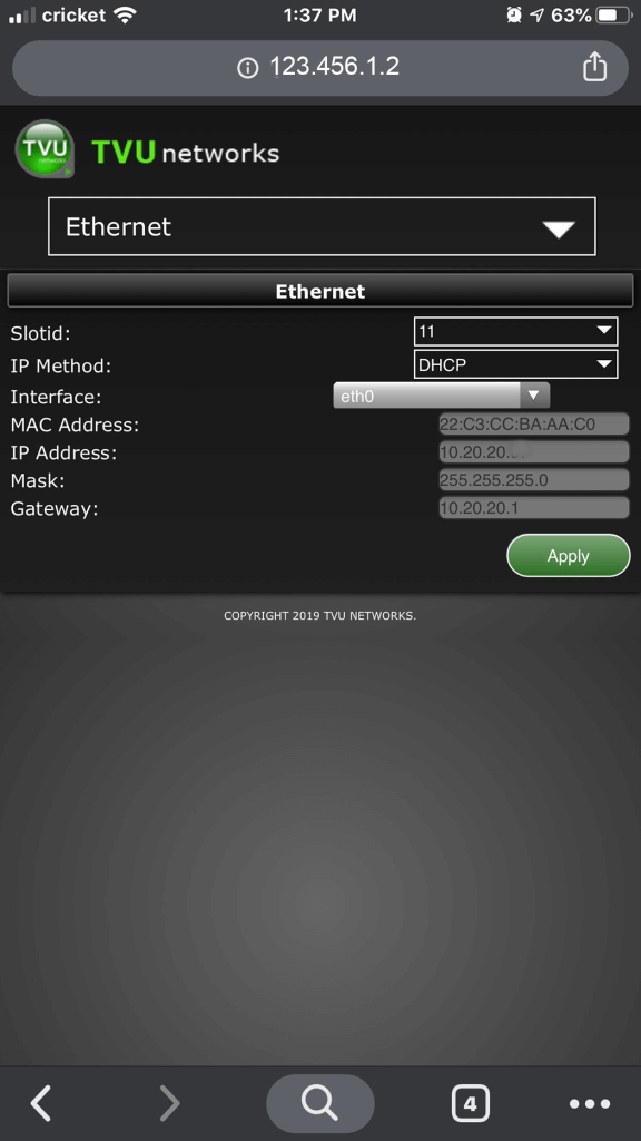 TVU MLink Ethernet setup and configuration screen