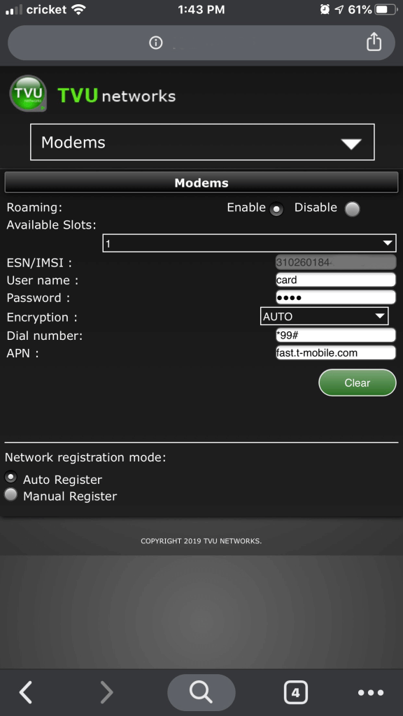 TVU MLink Modem setup and configuration panel