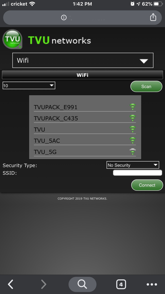 TVU MLink WiFi setup and configuration window