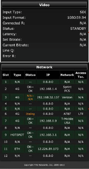 TVU MLink status; video and network screen