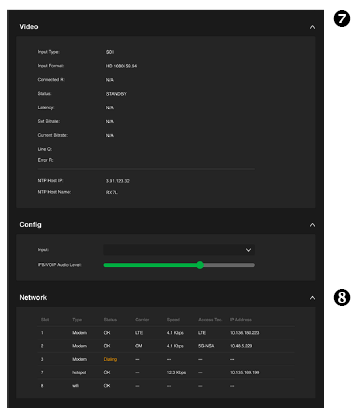 TVU One status; video and network screen