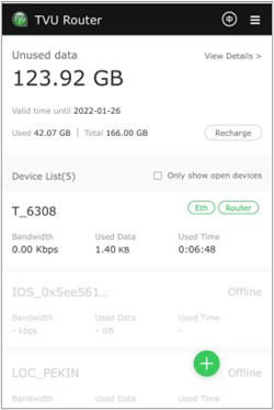 TVU Router Center account info - Recharge screen