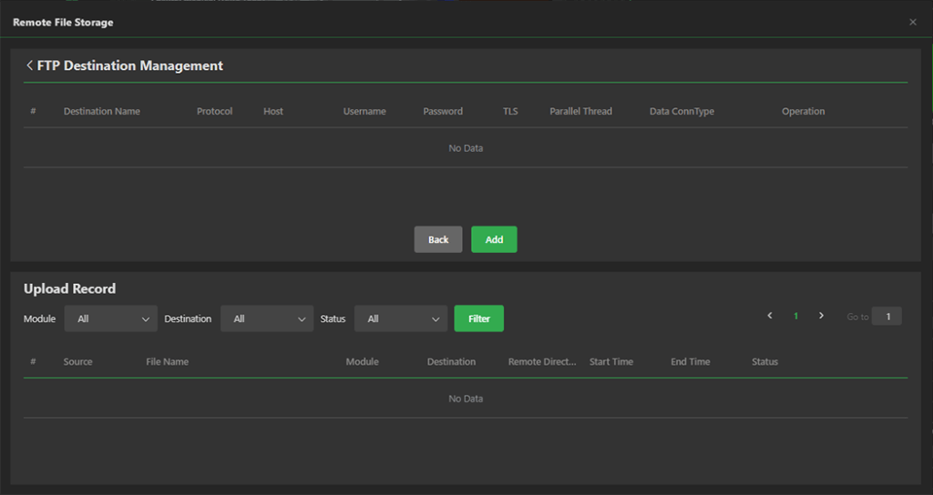 settings remote file storage _FTP destination management window add 