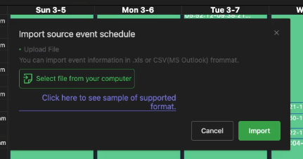 Import source event schedule pop up