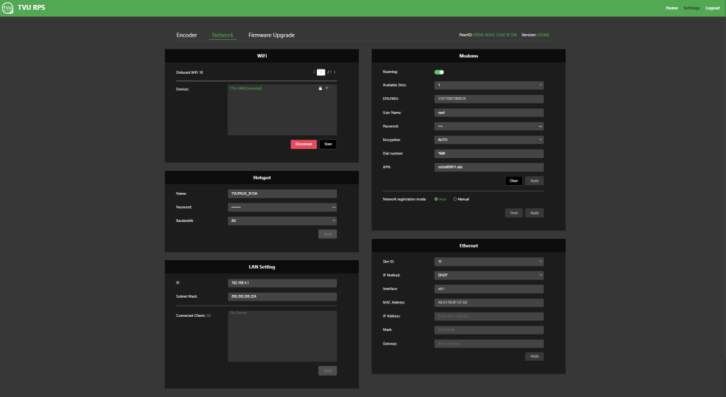 TVU RPS Link encoder Network settings screen