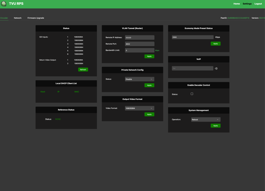 TVU RPS Link encoder settings screen