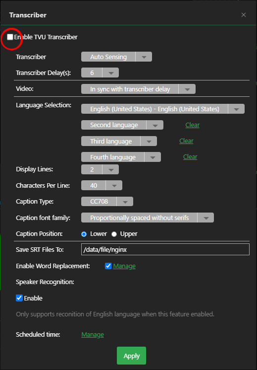 Transcriber Settings window check box location