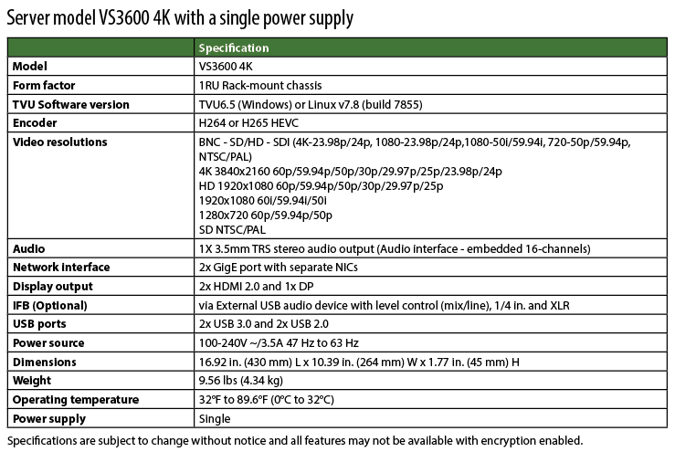 VS3600 product spec