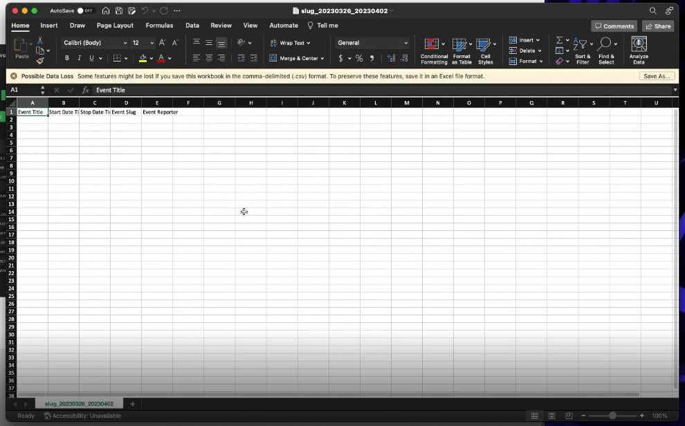 downloaded CSV file window