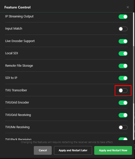 feature control transcriber menu disabled