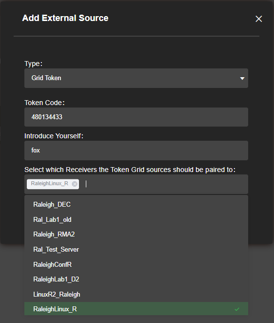 Add external source my sources tab GRID receivers