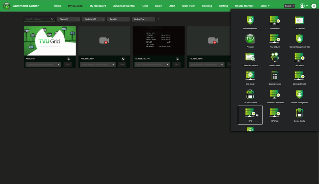 Command Center services navigation menu