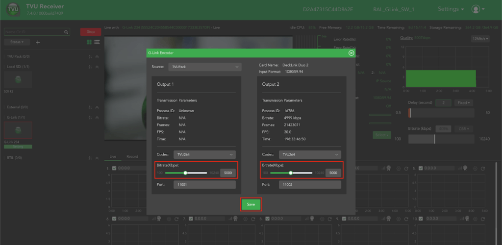 G-Link Encoder dialog - Bitrate setting