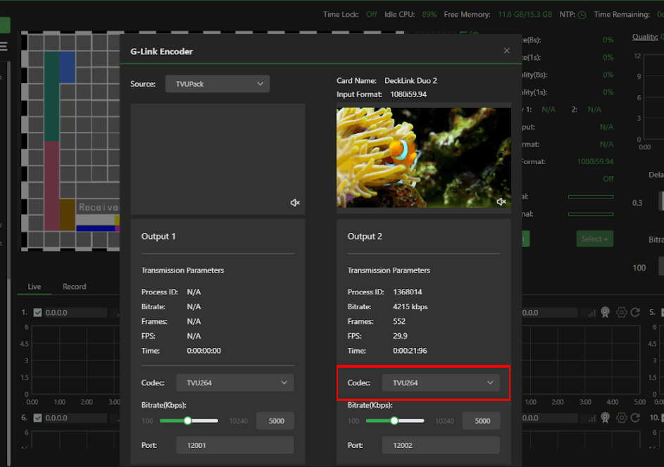 G-Link Encoder dialog -  Codec setting