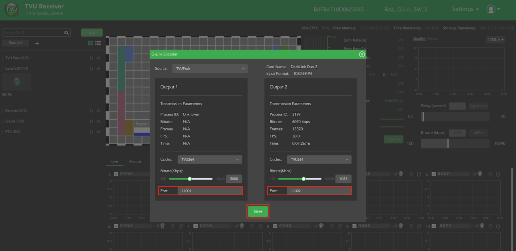 G-Link Encoder dialog -  Port settings