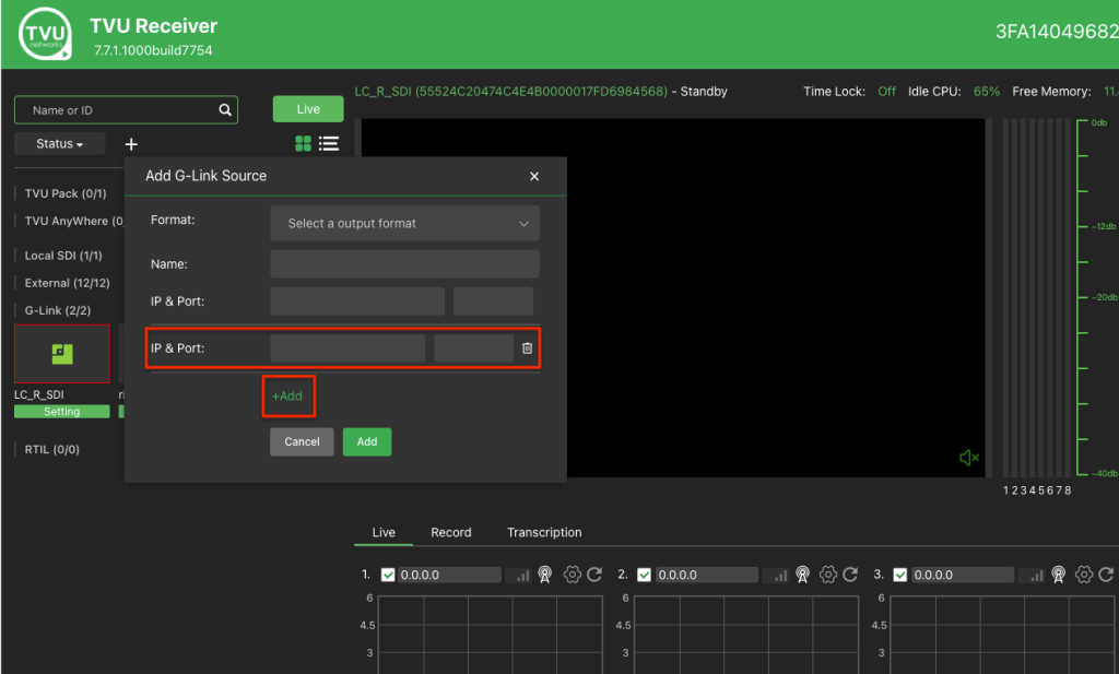 Add G-Link Source window - Link aggregation IP and port fields