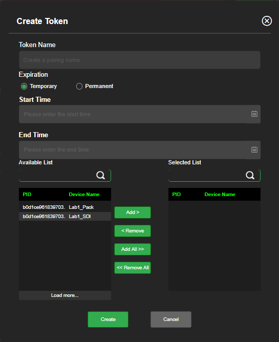 Create Token window