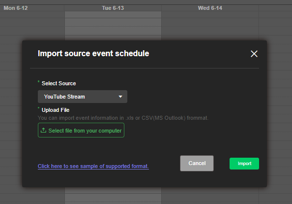Grid tab - Schedule page Import source event schedule