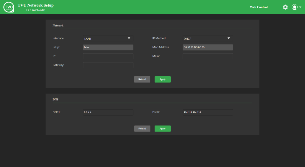 Setting Basic Network setup web control