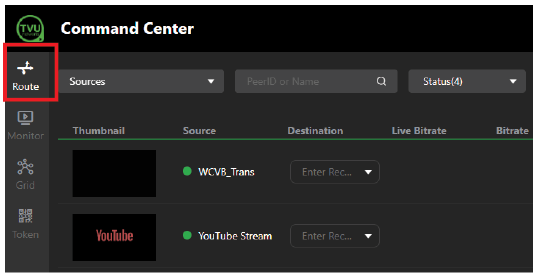  TVU Command Center User interface - Route tab