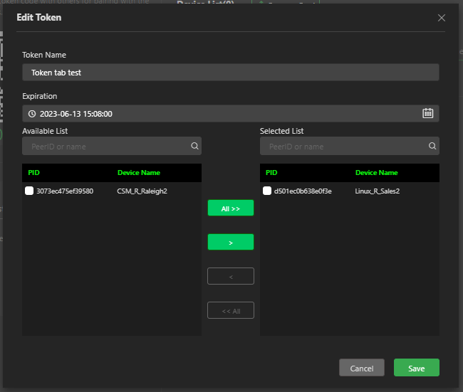 Token tab edit token