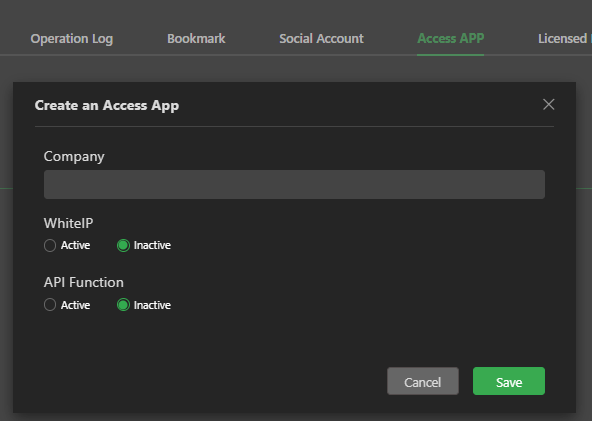 Settings Access App create access