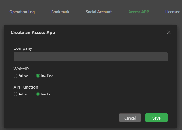 Settings Access App create access