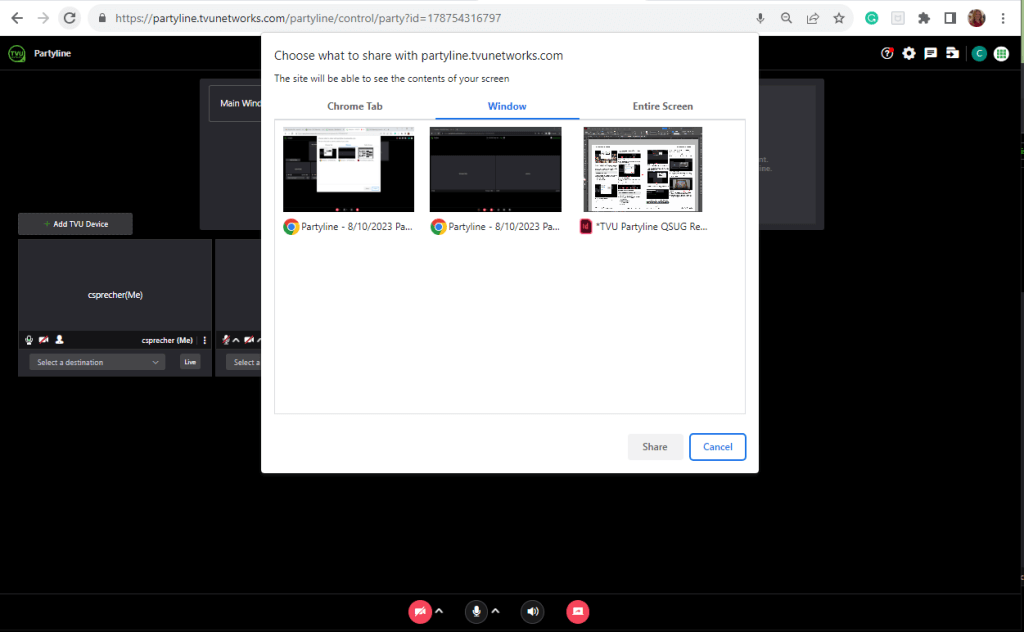 Partyline screen sharing feature