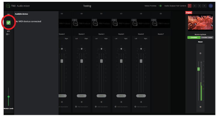 Advanced Audio Mixer MIDI device menu