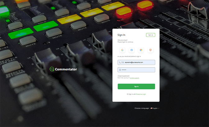 TVU Remote Commentator Sign in page