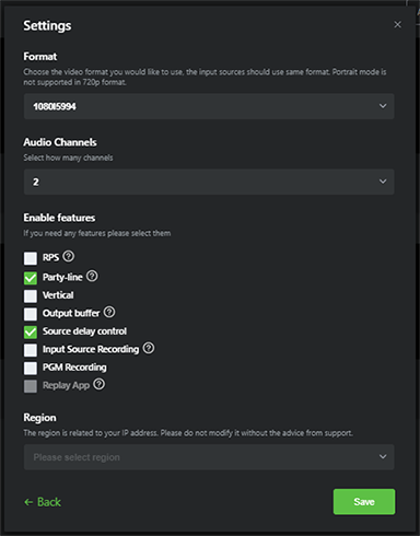 Settings feature selections