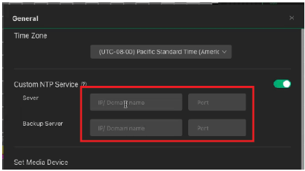 Enter the NTP Server and port fields v7.9