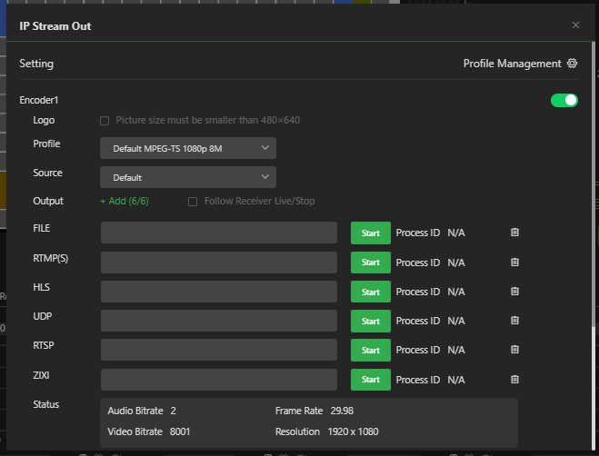 IP streaming outputs selected