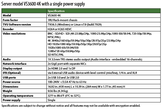 Server model VS3600 4K with a single power supply