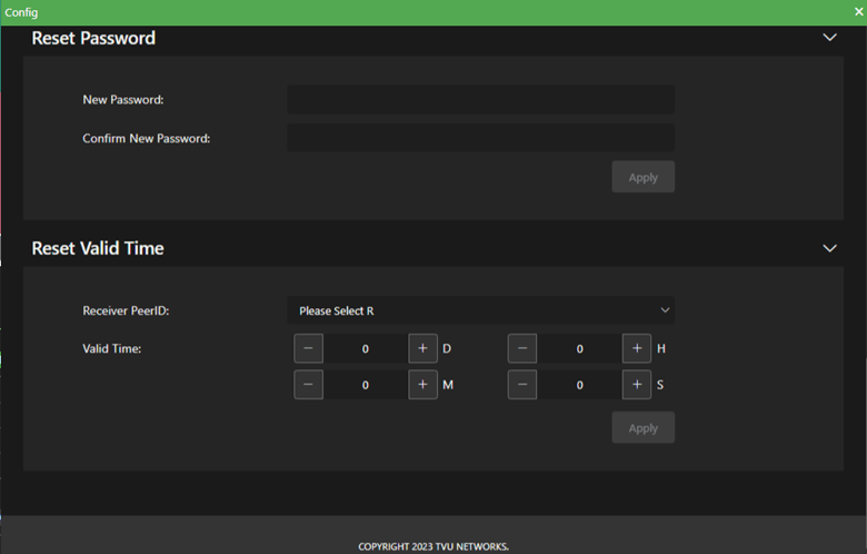 Token panel - Reset Password and Valid Time panels